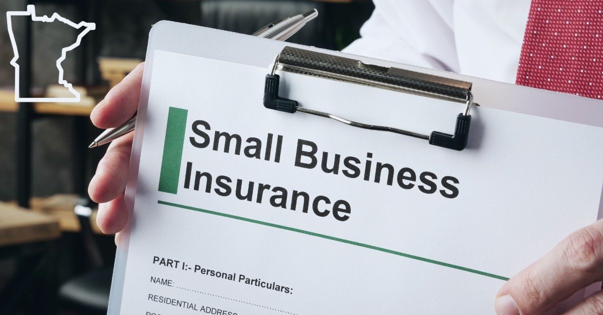 Clipboard with Small Business Insurance form, held by a professional, with a Minnesota state outline overlay