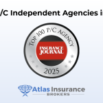 Badge reading 'Top 100 P/C Agency 2025' from Insurance Journal, above the logo for Atlas Insurance Brokers. Text above the badge says 'Top 100 P/C Independent Agencies in the U.S.'
