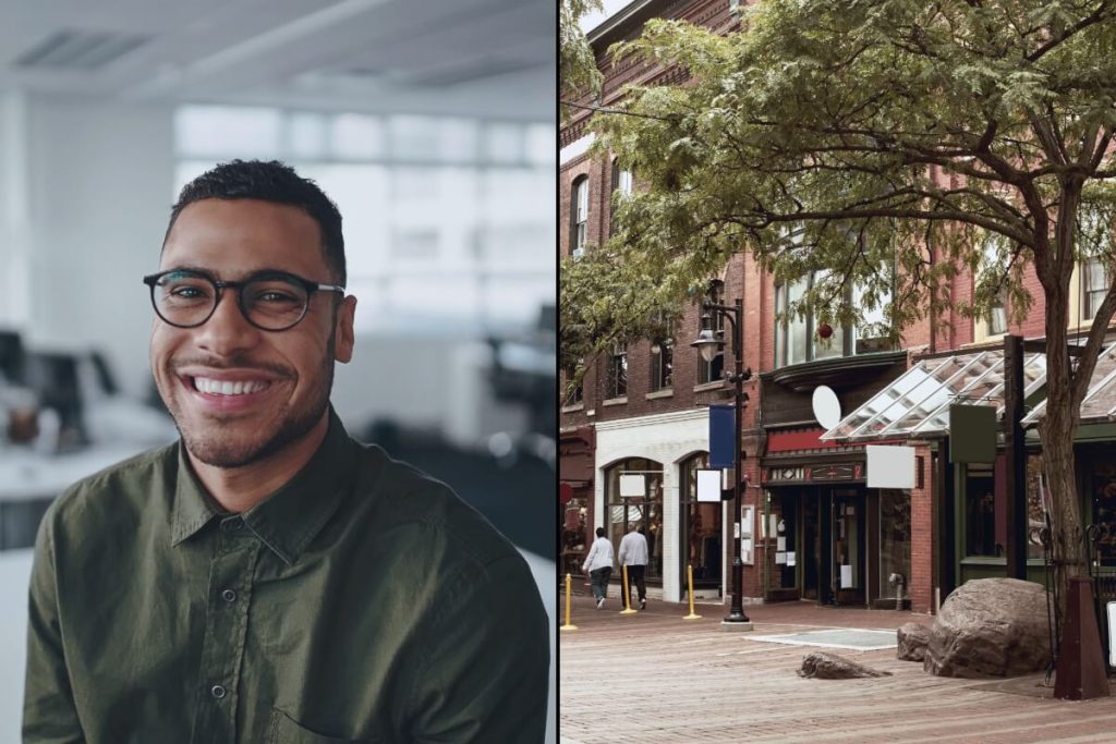 Concept representing the different types of liability insurance. On the left side of the screen: Friendly and smiling young professional businessman looking at camera in modern office, representing personal liability coverage. On the right side of the screen: A storefront in a brick building, representing commercial liability insurance.